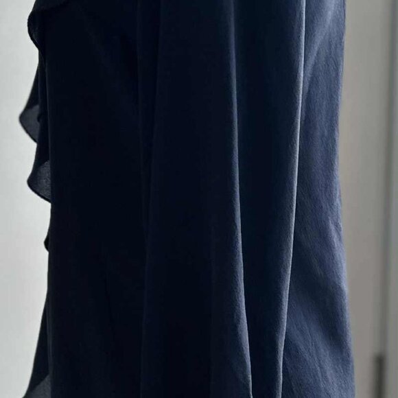 NWT Shan Ink-Blue Silk Semi-Sheer Ruffle-Blouse w/ Cascading Front & Tie – US 6 - Picture 6 of 14